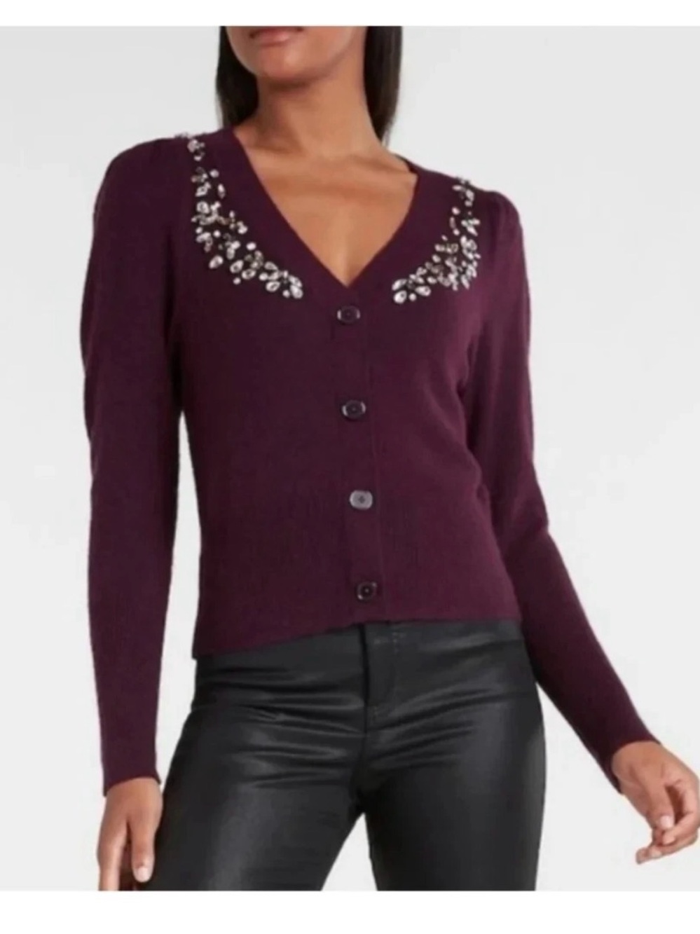 NWT $108 Express Embellished puff sleeve jewel Cardigan plum sz S